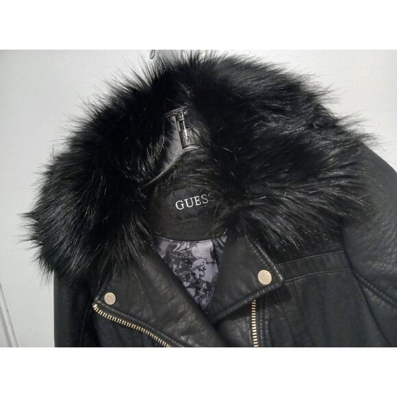 GUESS Moto Jacket Faux Leather Mink Fur Corset Laced XS Black Designer Assymetri - Picture 3 of 16